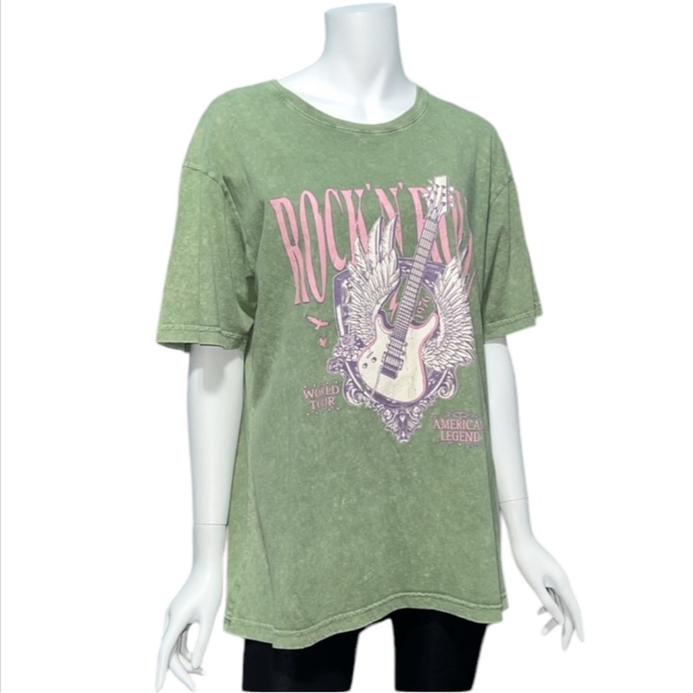 Refined Canvas Oversized Cotton Rock ‘N Roll Graphic Tee Green Small NWT